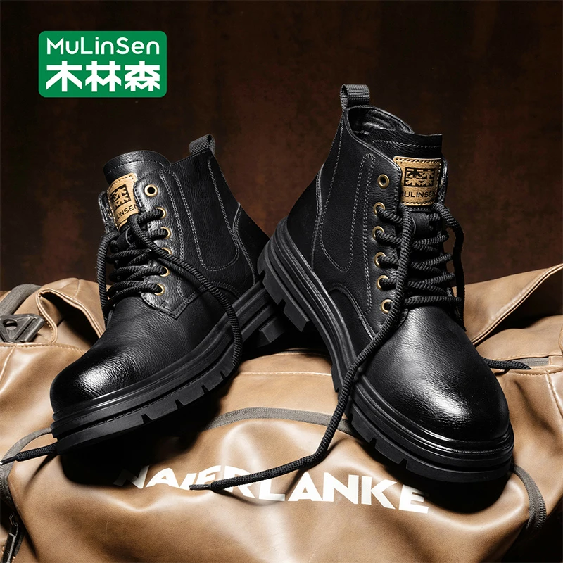 木林森男士马丁靴2025秋季新款高帮休闲厚底增高耐磨机车工装靴男