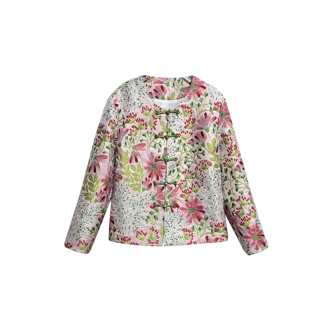 【瑰丽】新中式国风提花短外套女新款对襟盘扣圆领碎花上衣12153