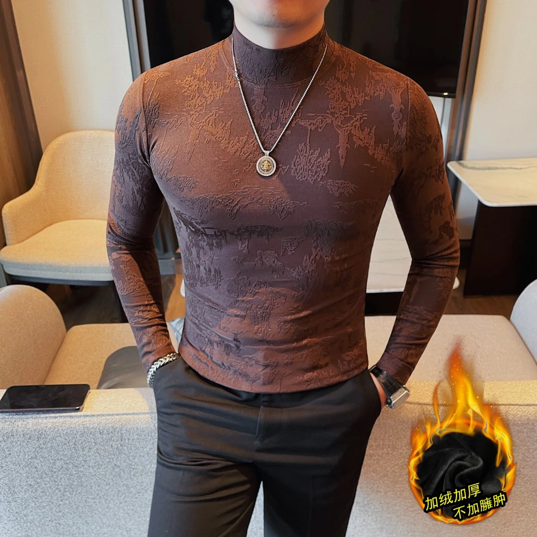 秋冬时尚提花半高领加绒长袖T恤男士痞帅保暖打底衫弹力百搭上衣