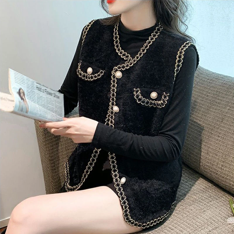 2169-现货小香风时尚百搭气质小香风外套韩版宽松马甲开衫