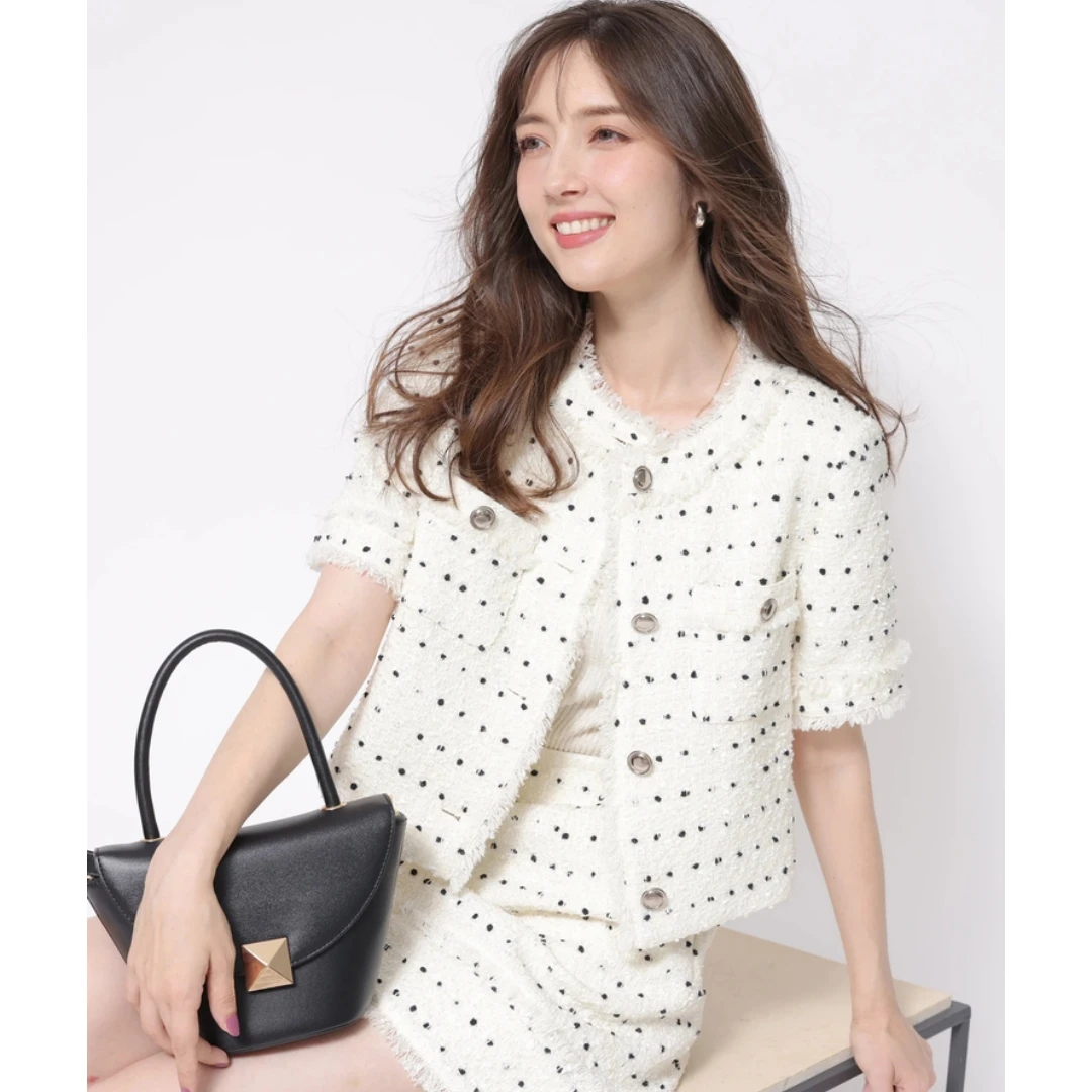 【胖虎家】春季新款 A 百搭圆点粗花呢气质短袖流苏小香风外套