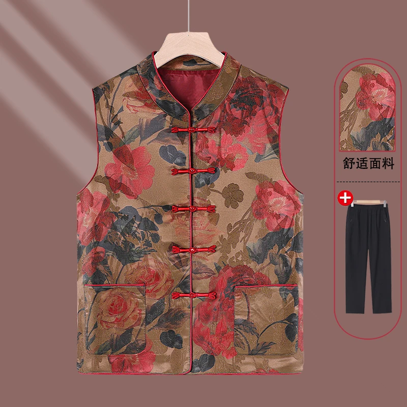 春季新款中老年女装缎面马甲大花老太太老人奶奶装新中式盘扣坎肩