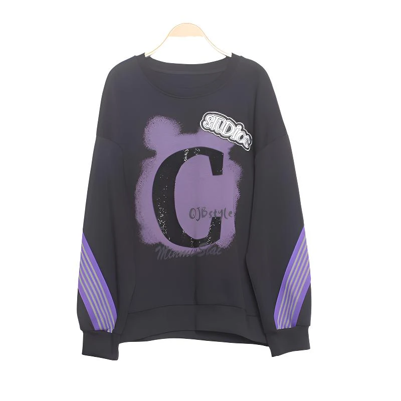 时尚圆领卫衣显瘦大码宽松减龄休闲百搭潮流拼接字母印花棉质上衣