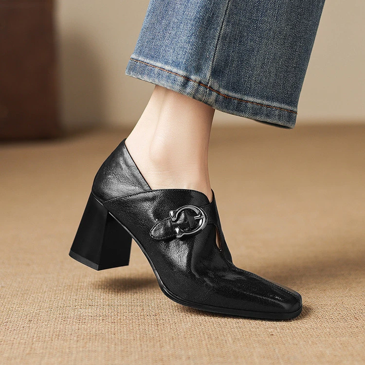 头层羊皮~7cm秋冬气质方头高跟鞋安可拉红小裸靴复古粗跟深口单鞋