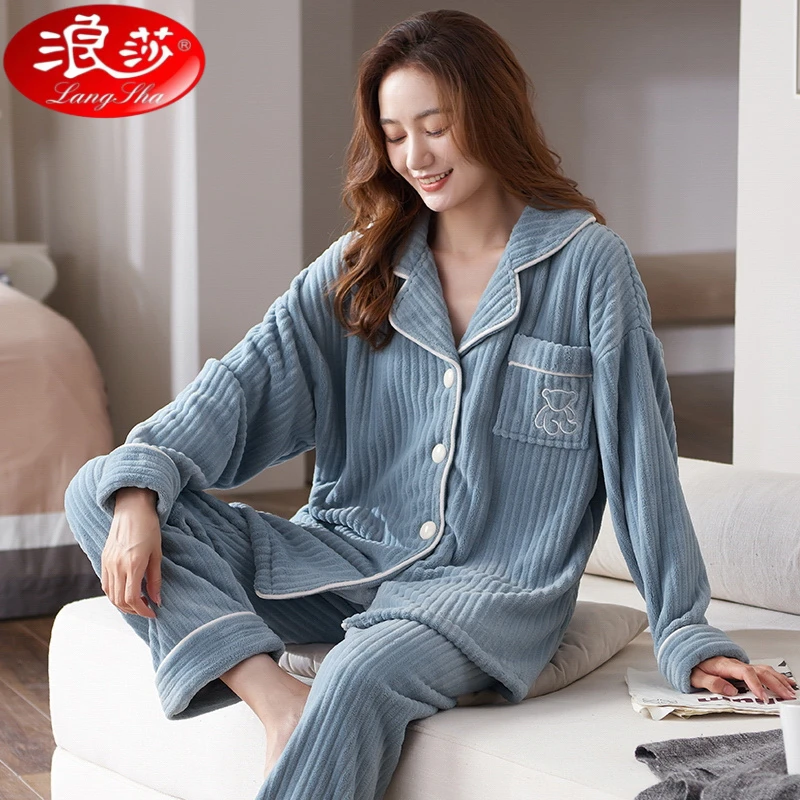 浪莎睡衣女士冬季长袖长裤翻领加绒加厚款保暖2025新款家居服套装