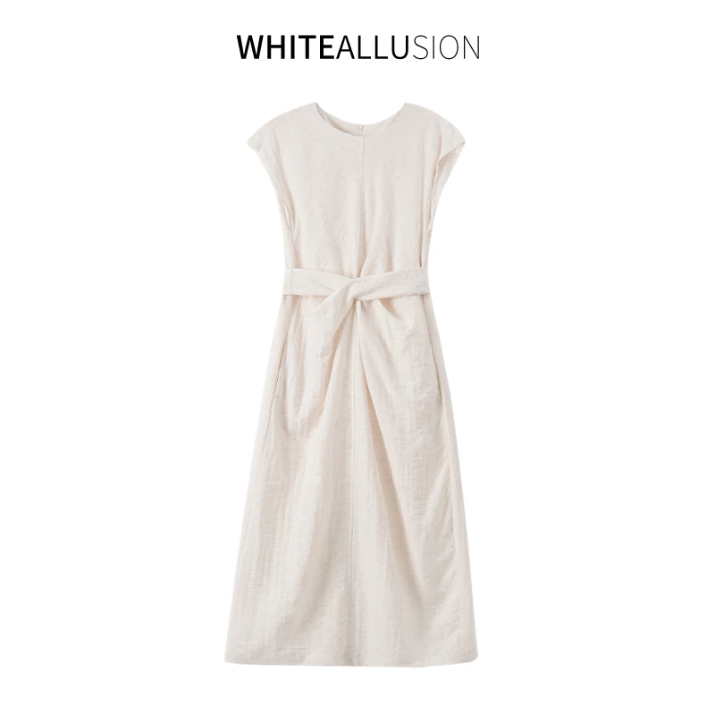 素典【锦上云端】短袖高腰连衣裙法式长裙圆领纯色气质夏季4425