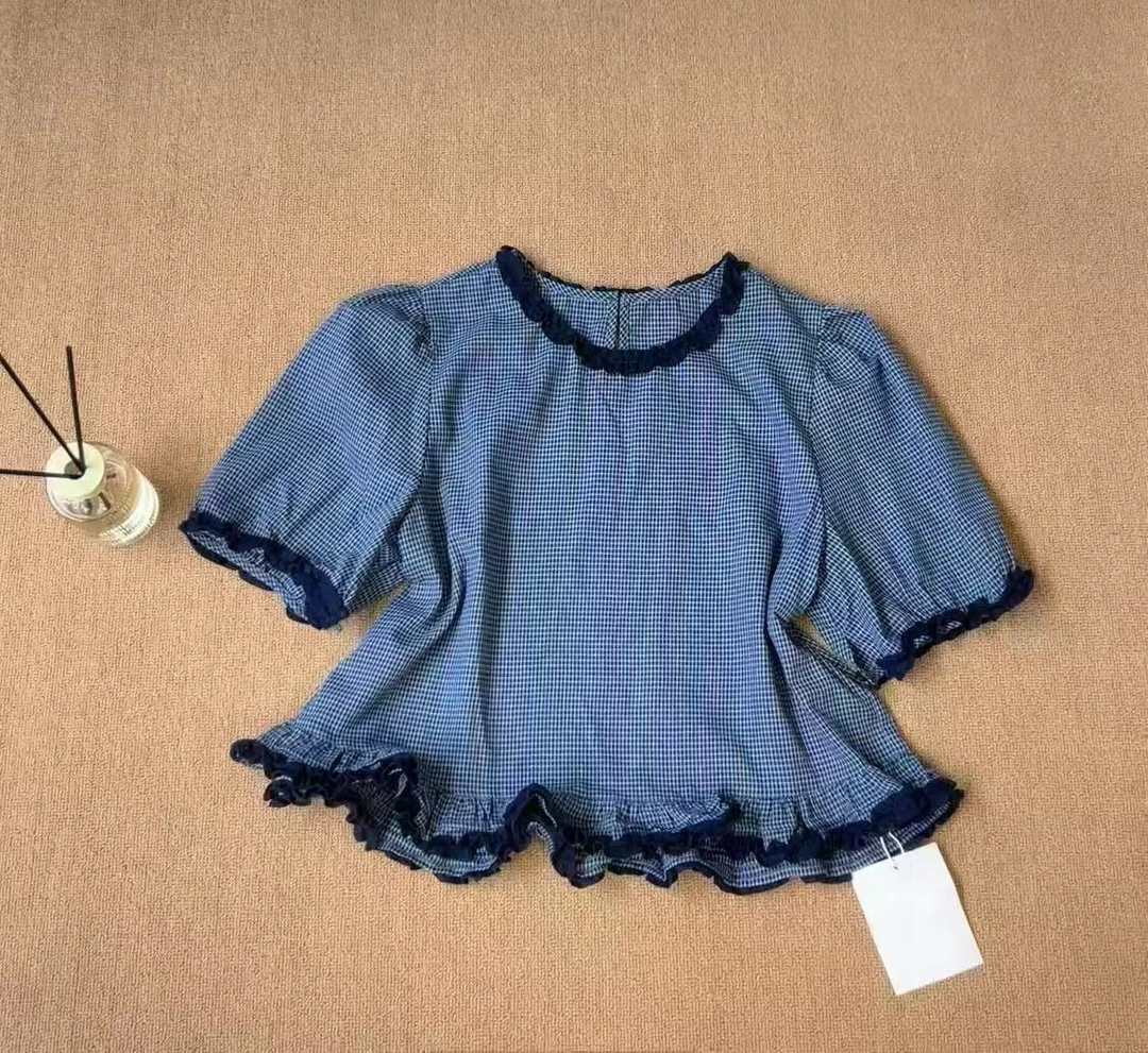 「雅阁布·格子木耳边拼接下摆设计感韩系短袖小衫658#」