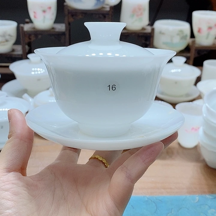 高端冰种玉瓷盖碗茶杯