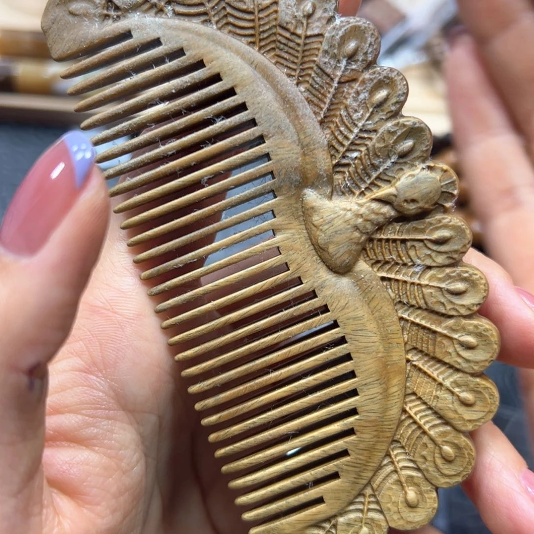 银S925镶嵌手链烟晶绿檀木梳子