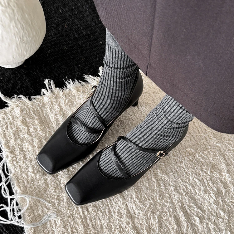 【水洗牛皮】浅口单鞋2025年时尚粗跟纯色温柔单鞋