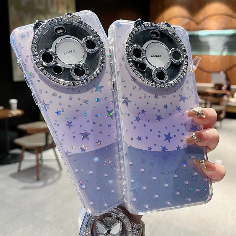 适用华为mate 70系列苹果手机壳淡蓝晕染爱心猫咪镜头膜一体钻框