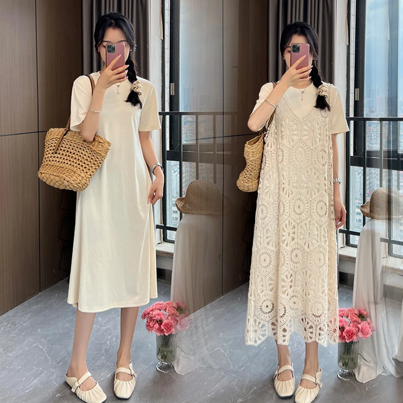 2025孕妇连衣裙夏款长款宽松蕾丝罩衫两件套装可穿显瘦夏季裙子