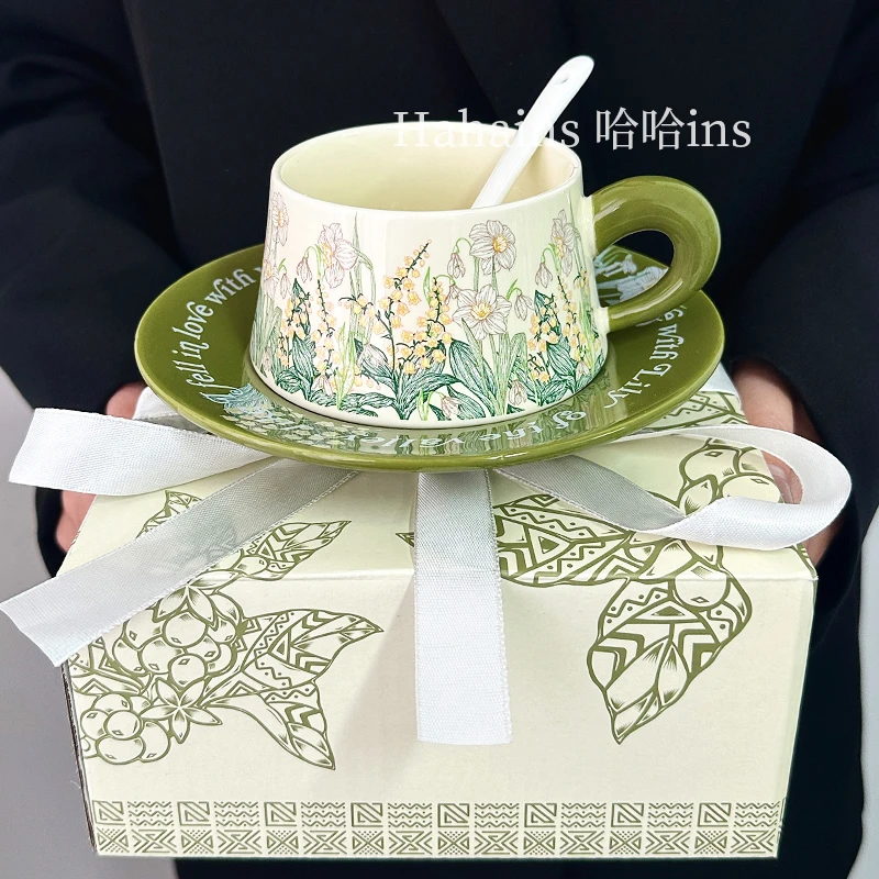 原创设计油画风般风铃花咖啡杯碟套装下午茶水杯陶瓷女生杯子礼物