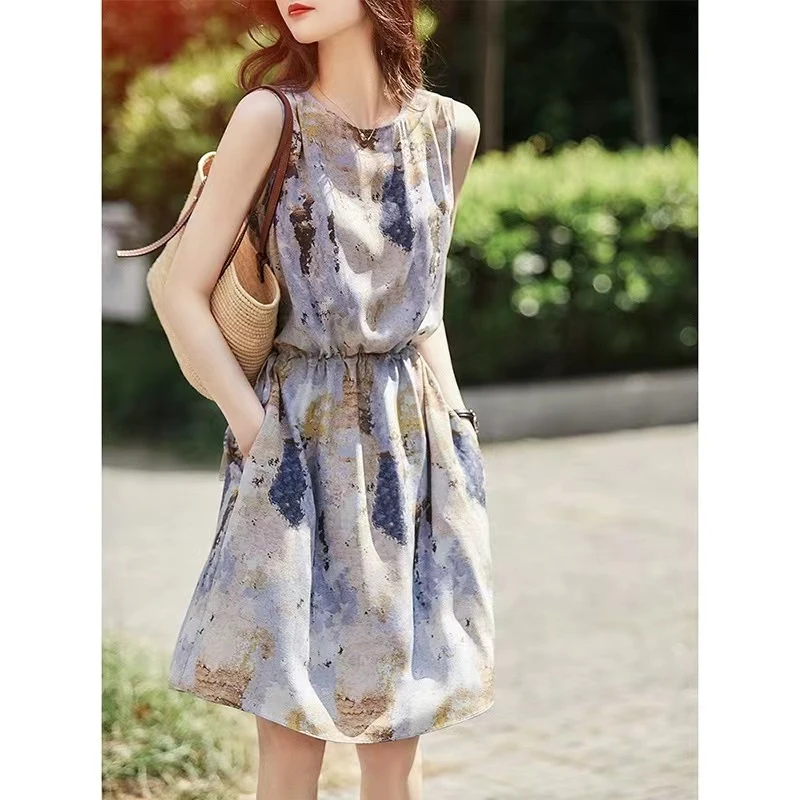 笑涵阁2025年い复古时髦减龄印花显瘦真丝桑蚕丝连衣裙气质夏季