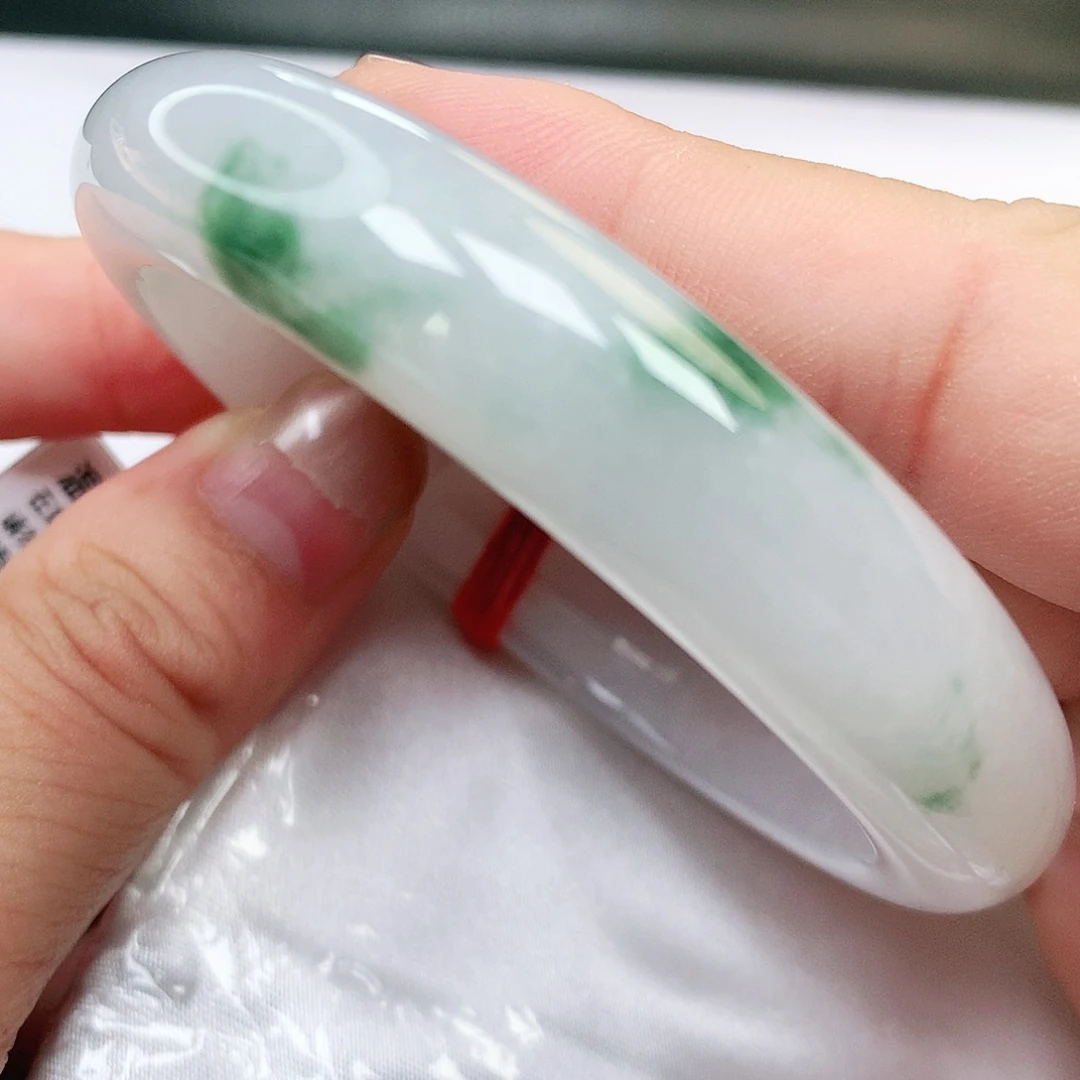 未镶嵌手镯翡翠缅甸纯天然A货翡翠牛奶底飘绿花165号