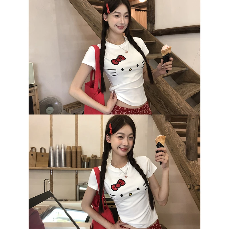 【泰兰德T恤】春季韩系辣妹小猫蝴蝶结印花圆领T恤252T1822