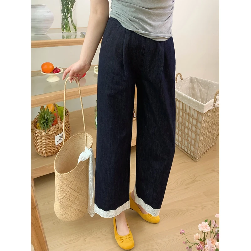 春季新款女复古拼接蕾丝小个子奶奶裤梨形身材高腰显瘦宽松阔腿裤