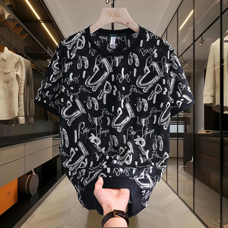 轻奢字母款男士冰丝短袖T恤夏季新款时尚提花弹力圆领半袖上衣服