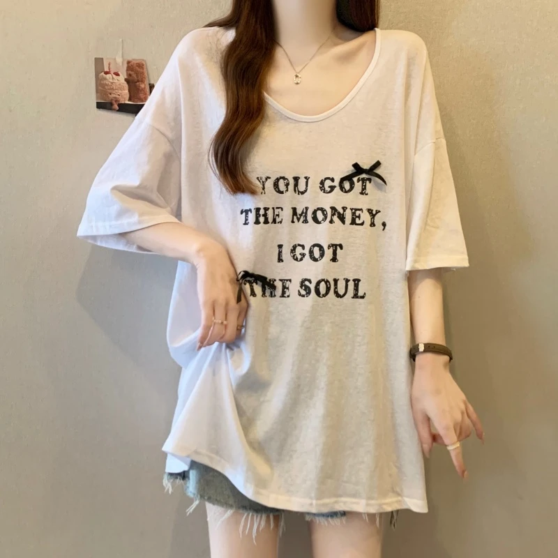 大码女装字母印花蝴蝶结短袖t恤夏季新款胖mm遮肚子显瘦宽松上衣