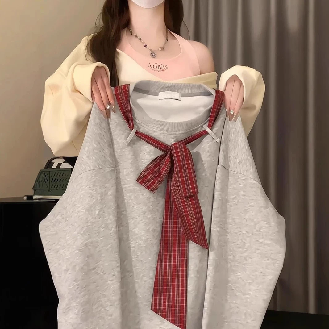 2025上衣夏季宽松学生学院风格子时尚百搭少女甜美设计感卫衣 美