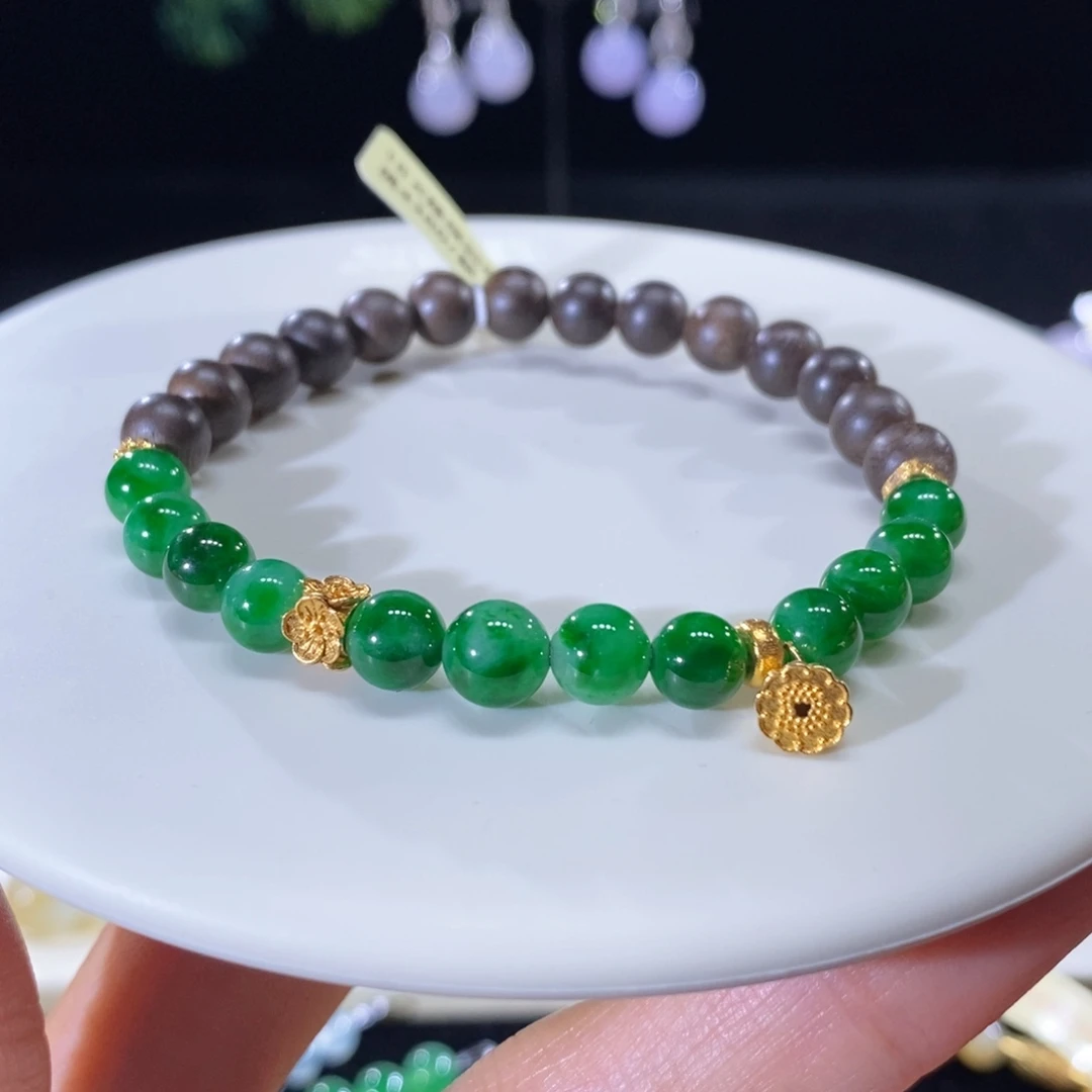 翡翠未镶嵌颈饰翡翠18k金辣绿小珠手串