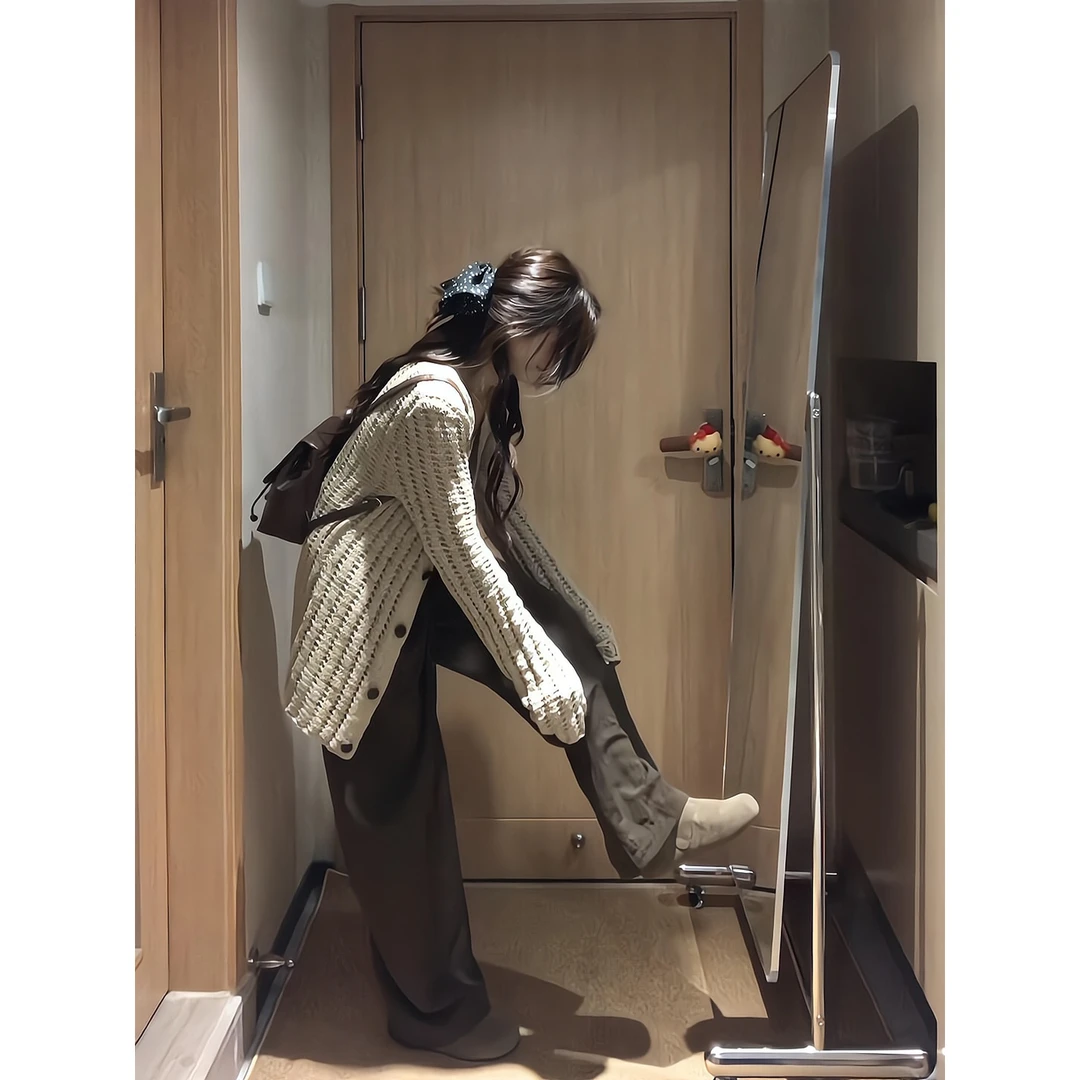 韩系v领镂空长袖针织开衫修身外搭复古上衣直筒宽松休闲裤阔腿裤