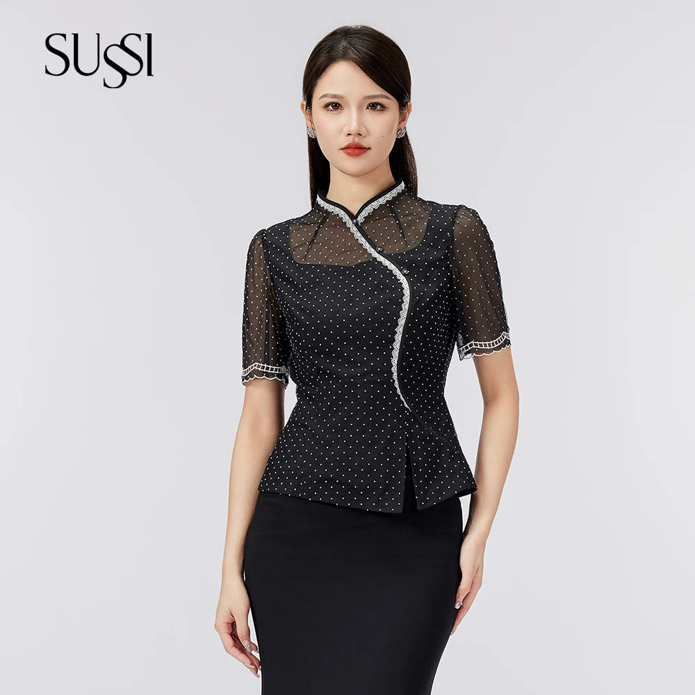 SUSSI/古色“港风复古”端庄减龄立领泡泡短袖刺绣上衣
