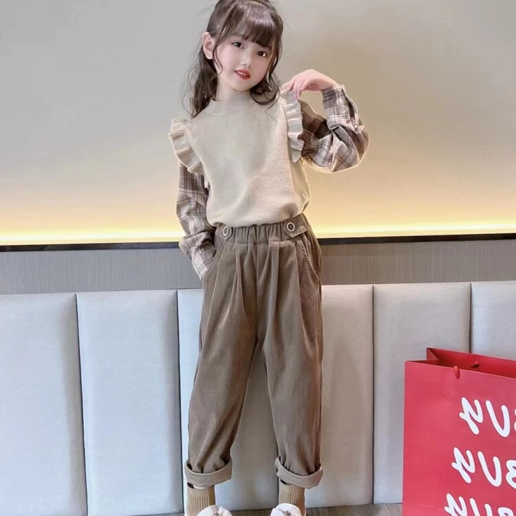 【现货】女童套装春秋款2025新款女孩洋气时尚拼接格子毛衣两件套