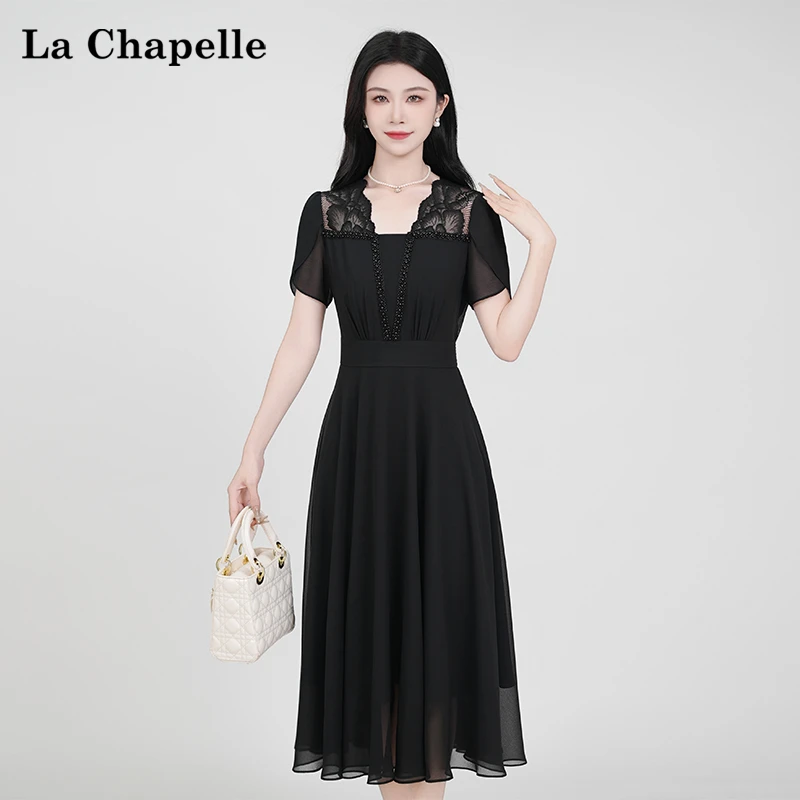 【拉夏贝尔】夏季法式设计感显瘦松紧腰短袖连衣裙