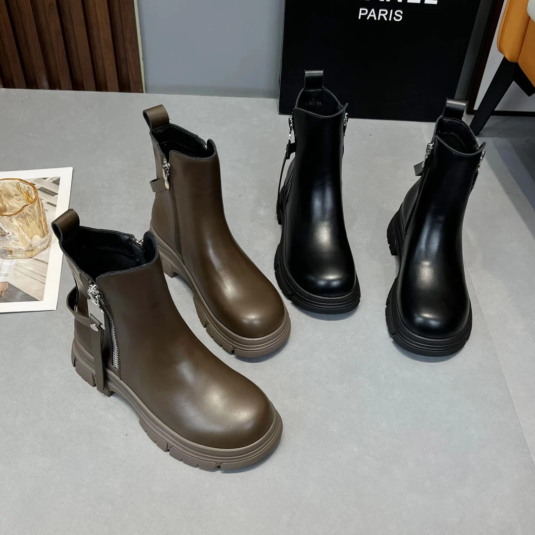 百搭淑女2023秋冬马丁靴厚底拉链靴休闲真皮圆头女鞋【棉】8893