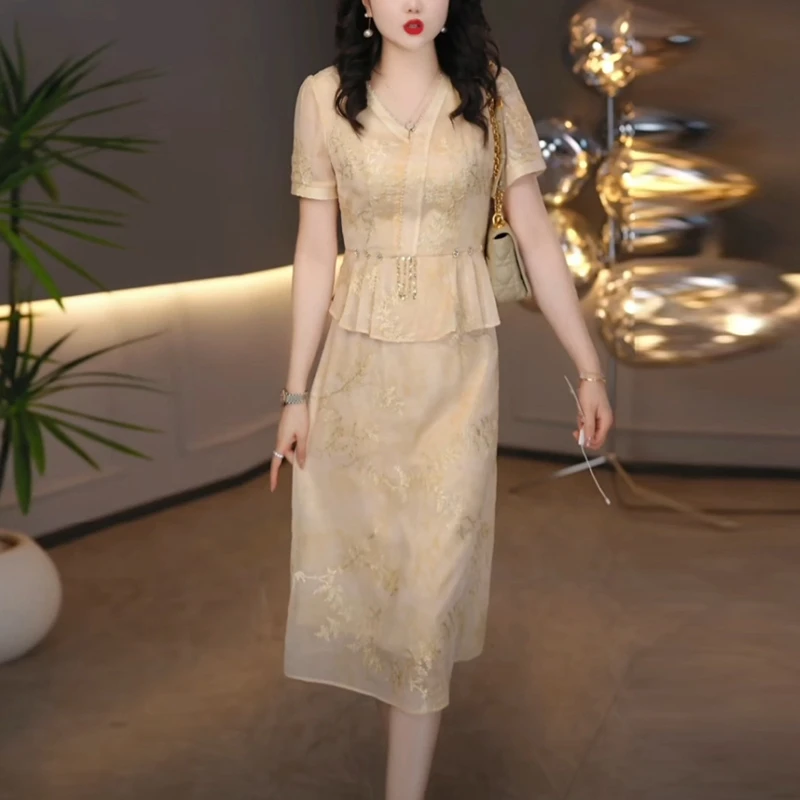 冰晶丝优雅名媛女装2025夏季新款时尚高贵气质假两件短袖连衣裙子