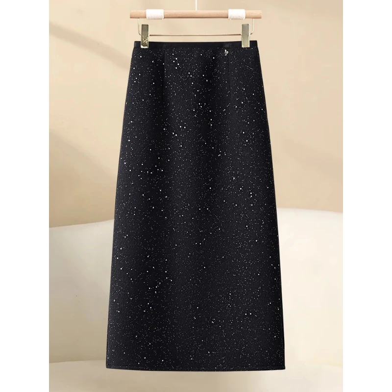 拉夏贝尔高腰半身裙女2025秋冬新款轻奢女神范时尚亮片开叉包臀裙