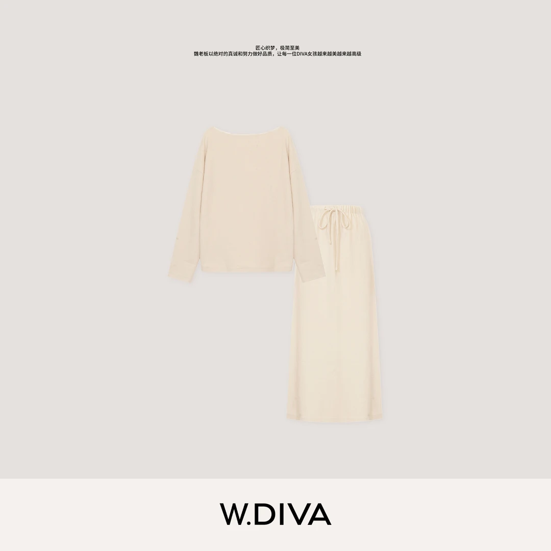 W.Diva【织物】早秋套装简约落肩圆领上衣半身裙慵懒风女53D202698