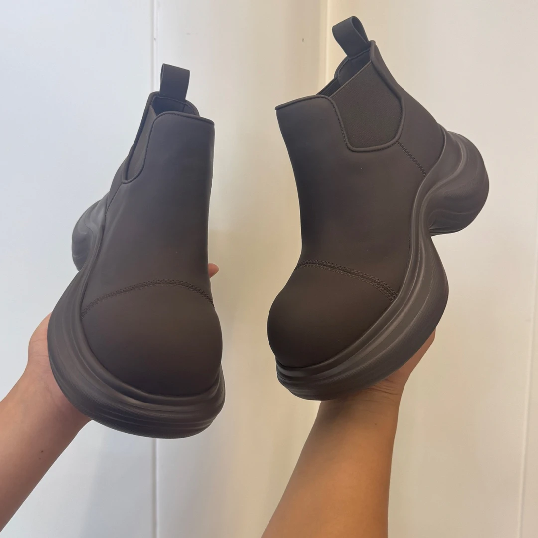 小个子粗跟短靴爆款一脚蹬厚底短靴B家同款增高百搭真皮2025新款