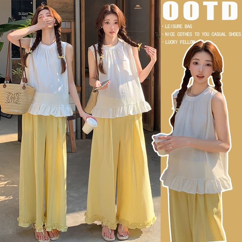 孕妇套装夏季清新减龄法式荷叶边宽松背心上衣拼花边阔腿裤两件套