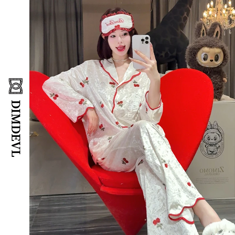 DIMDEVL/汀黛红色樱桃金钻丝绒减龄氛围感可外穿秋冬家居服睡衣