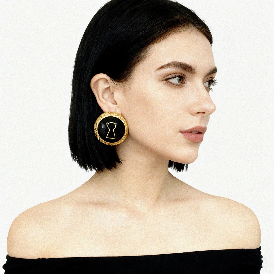 铜合金珐琅耳饰 欧美中古时尚圆形几何造型耳环女夸张复古耳饰