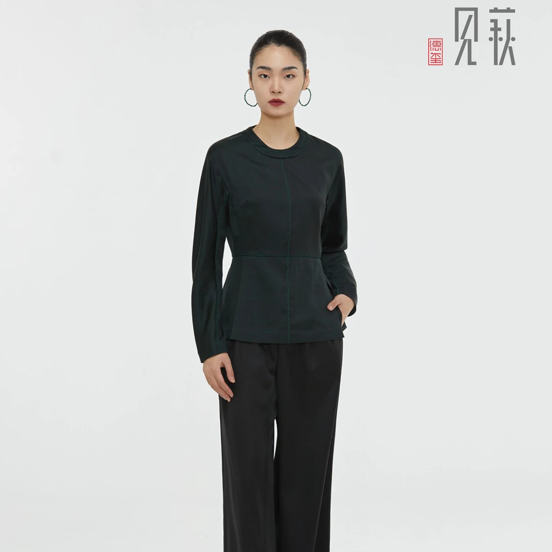 德玺见萩香云纱 W绿重磅莨前中十字手工线上衣 QZWE3S019