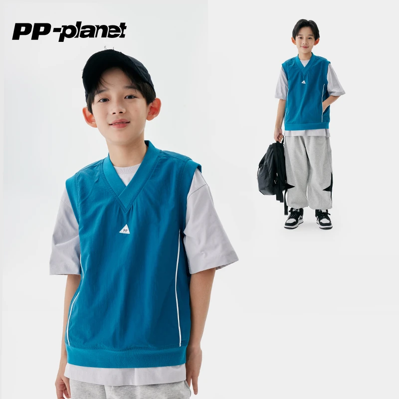 PP星球男童2025春秋新款运动系时髦马甲儿童休闲中大童无袖背心潮