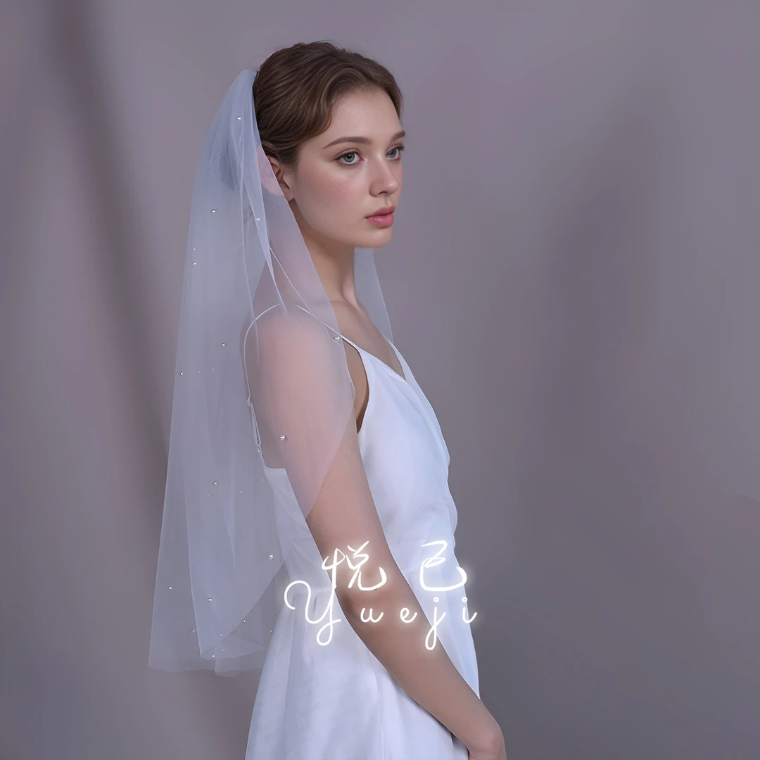 悦己时尚钉珠新娘头纱经典款头纱领证结婚饰品求婚拍道具婚纱照05
