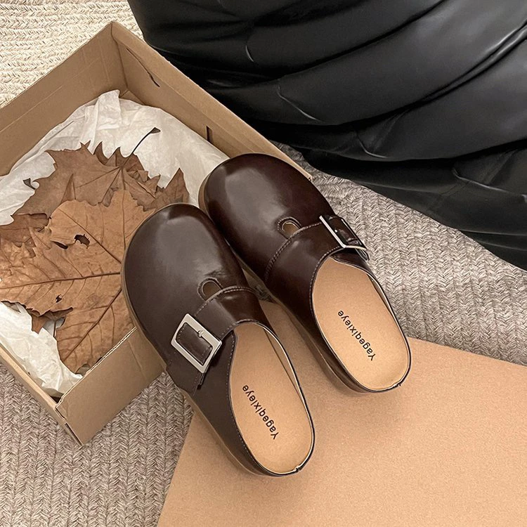 复古软底秋季圆头平底日常包头拖韩版休闲