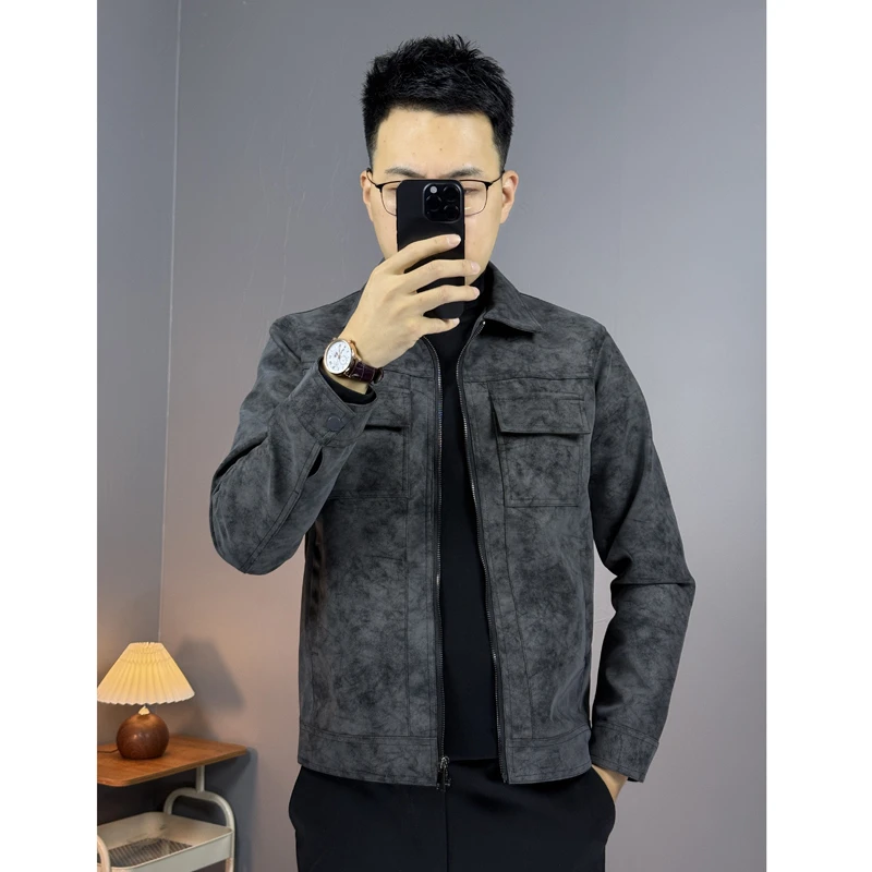 2025秋冬男士百搭休闲夹克韩版修身短款磨砂皮外套潮流时尚上衣服