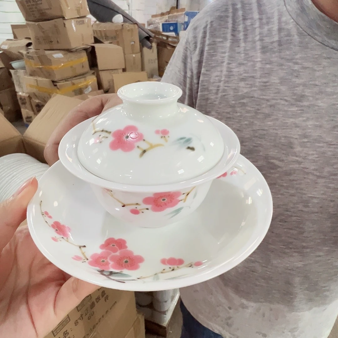 瓷片景德镇陶瓷翠竹红梅盖碗一套