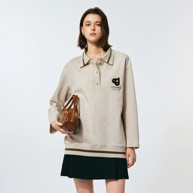 U/TI浅米色Polo领卫衣女春季新款复古风上衣宽松休闲长袖套头衫