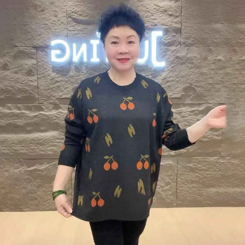 妍新品亮钻樱桃圆领针织衫宽松显瘦保暖毛衣休闲百搭精品时尚女装