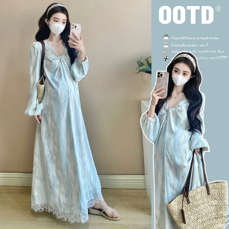 2025新款连衣裙晕染蕾丝拼接孕妇装孕妇裙长裙韩版长袖春季感氛围
