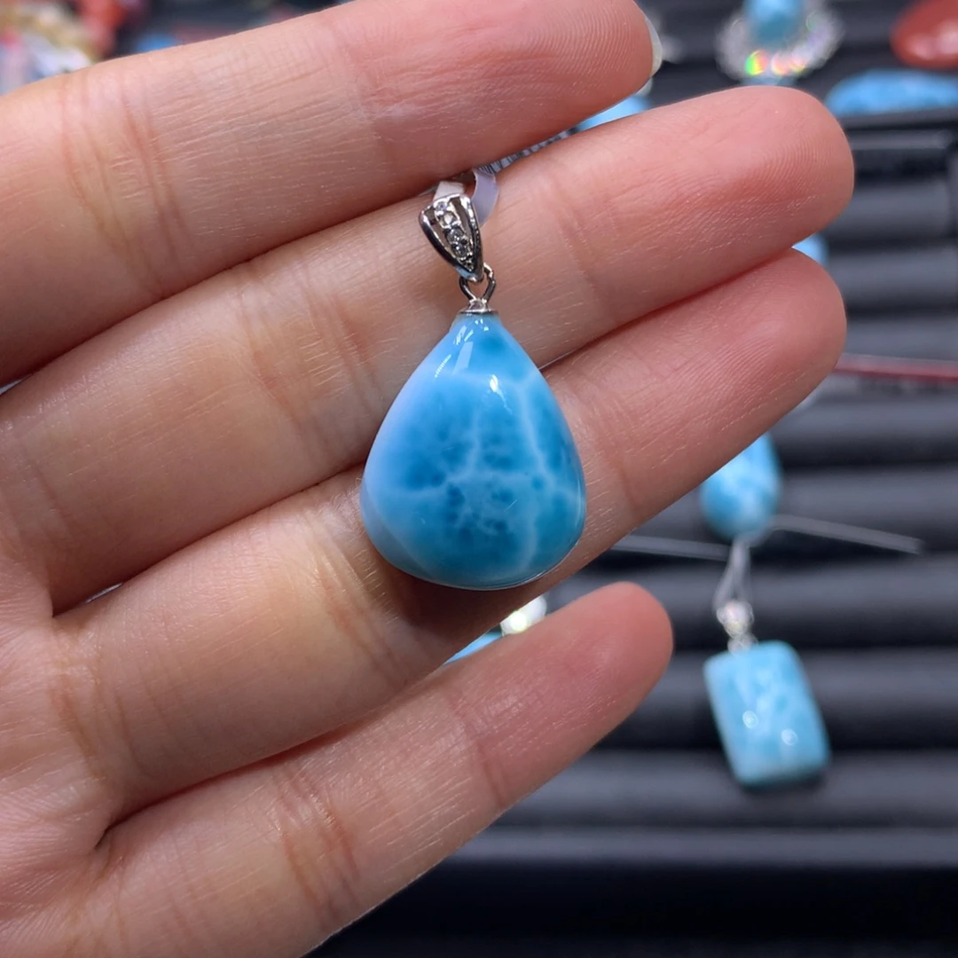 针钠钙石（海纹石）银S925镶嵌吊坠(不含链)水滴吊坠色差略异