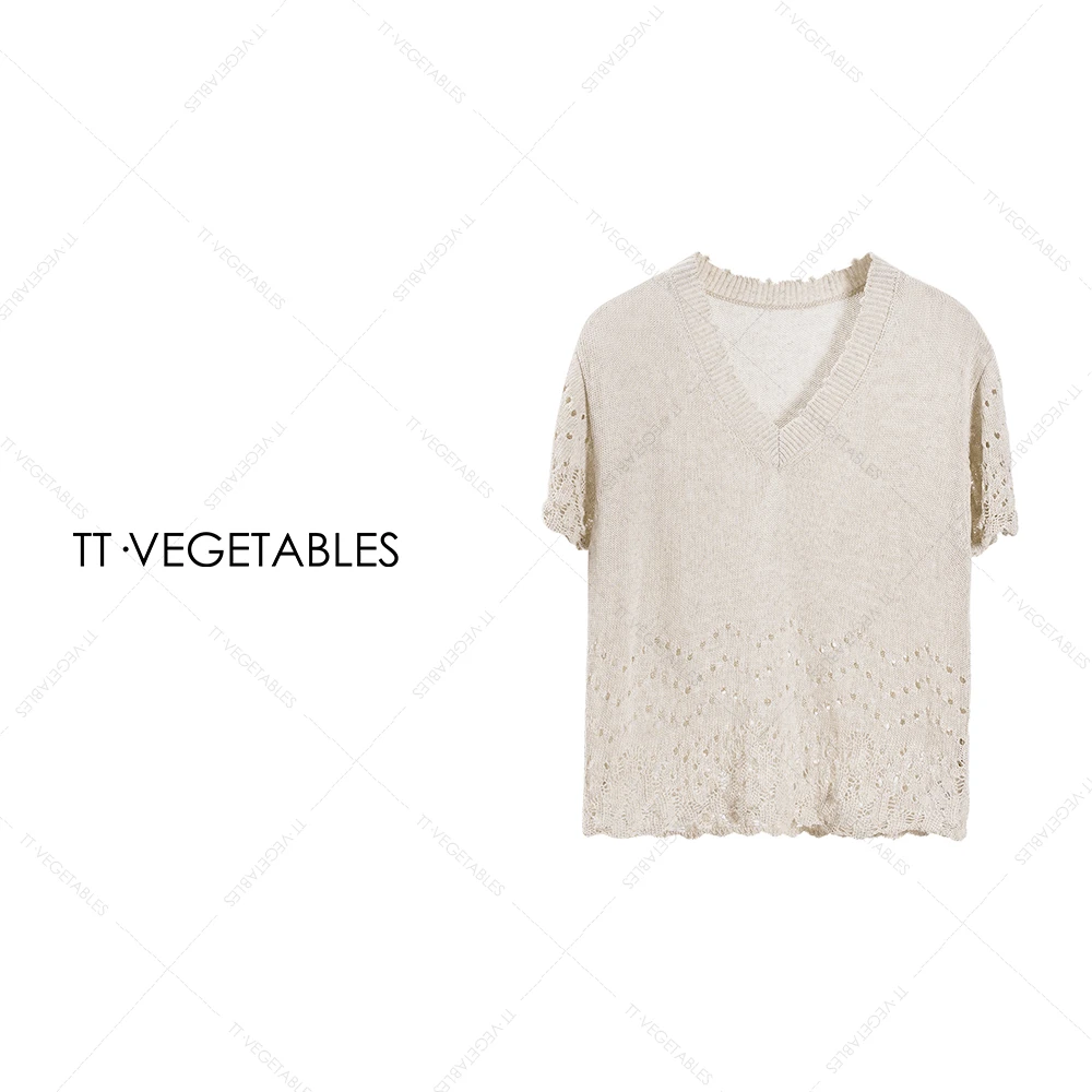 TT・VEGETABLES【序白】雯华  亚麻莱赛尔混纺针织V领短袖上衣512014