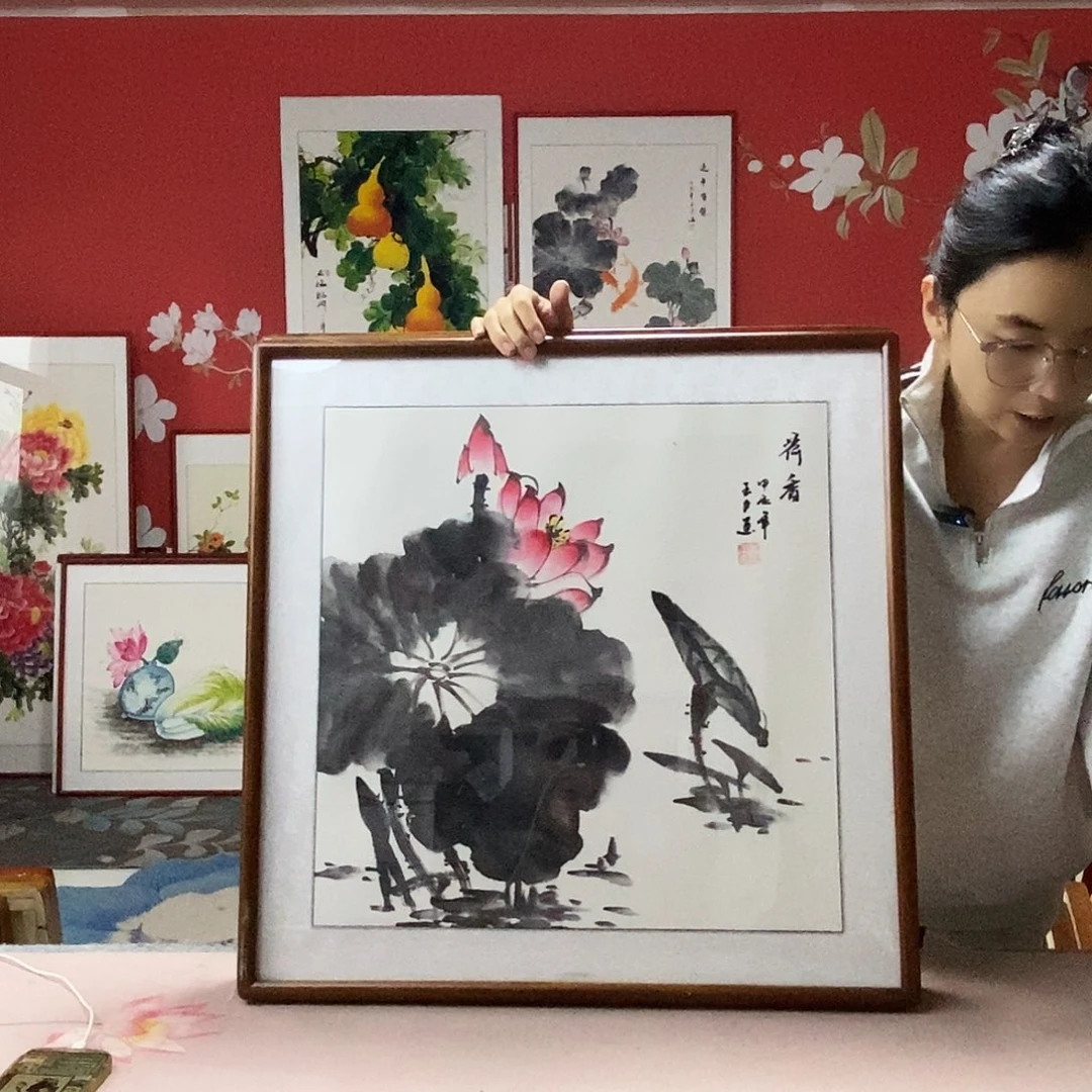 国画手写手绘带框包邮国画作品62✖️62