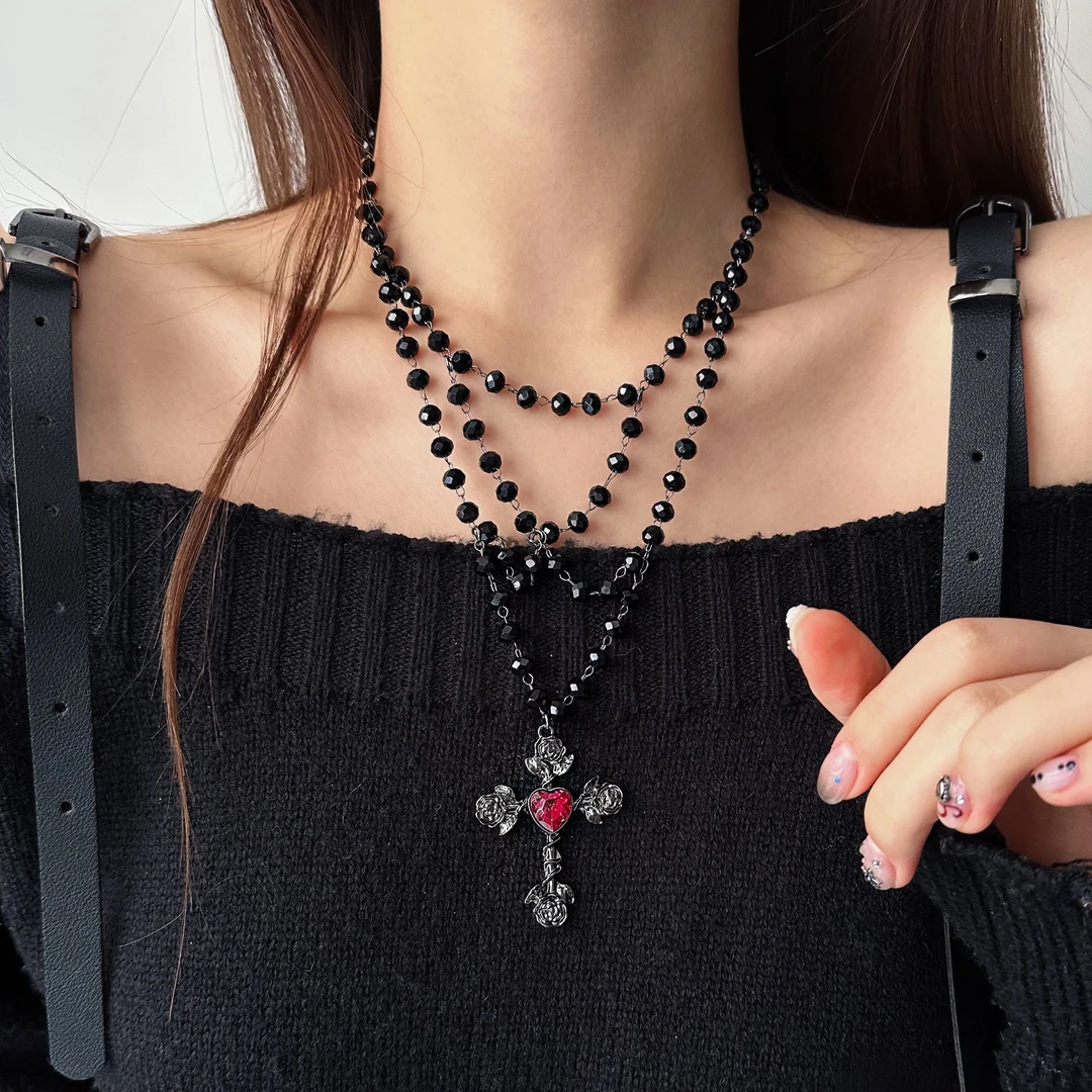 合金亚克力项链 X5221-1时尚朋克暗黑欧美个性黑玫瑰十字女士项链